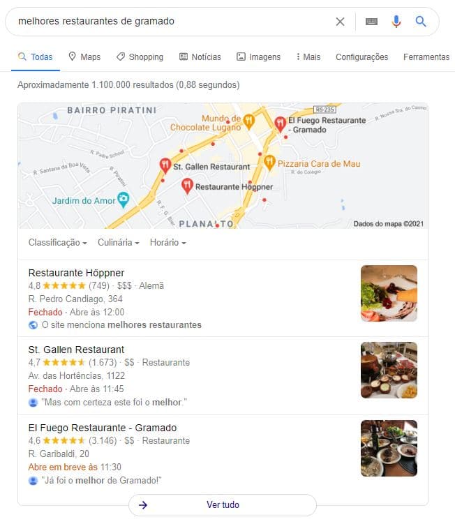Exemplo de busca local no Google com a palavra-chave "melhores restaurantes em gramado"