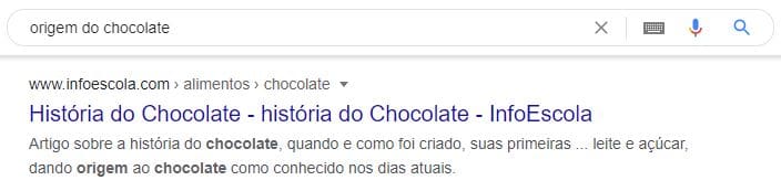 Exemplo de meta description em pesquisa pela palavra-chave "origem do chocolate".