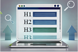 Imagem mostrando um navegador da web em uma tela de notebook, destacando as heading tags (H1, H2, H3) em uma estrutura organizada. A imagem utiliza ícones de lupa e setas para cima para representar o impacto positivo das heading tags para SEO
