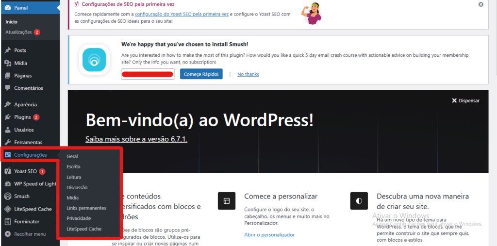 Imagem que representa a configuração do wordpress, assim, mostrando como criar um blog?