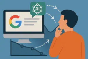 Ilustração de um homem olhando para uma tela de computador representando o que é SGE do Google