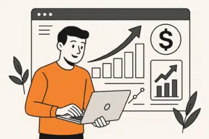 Ilustração de um homem usando o seu notebook representando como aumentar a taxa de conversão de vendas em seu site
