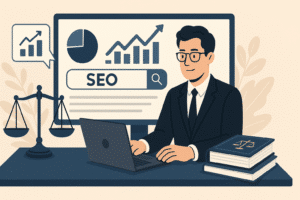 Ilustração de um advogado usando o seu notebook representando SEO para advogados