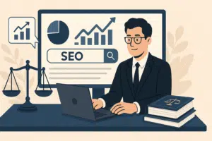 Ilustração de um advogado usando o seu notebook representando SEO para advogados