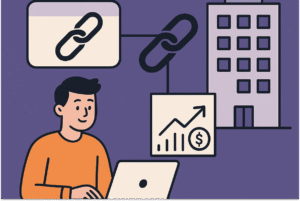 Ilustração do um homem usando o seu notebook representando Link building para startups