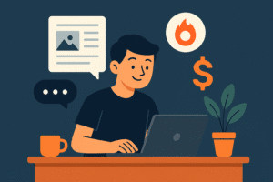 Ilustração digital em estilo flat mostrando um jovem sorridente usando um notebook em uma mesa de madeira. Acima dele flutuam três ícones: uma imagem representando conteúdo de blog, o logotipo da Hotmart e um símbolo de cifrão, sugerindo vendas online. Ao lado, há uma caneca laranja e um vaso com planta, com fundo azul-escuro e detalhes em tons quentes.