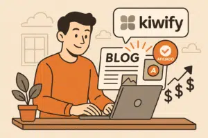 Ilustração de uma pessoa usando se notebook representando Afiliado Kiwify