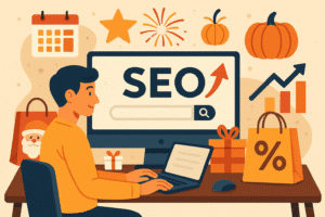 Ilustração no estilo flat mostrando um homem trabalhando em um notebook, sentado em uma mesa com elementos que representam datas comemorativas, como sacolas de compras, presentes, abóboras, fogos de artifício e calendário. Ao fundo, um monitor exibe a palavra 'SEO' com uma seta apontando para cima, simbolizando o aumento de visitas e vendas através de estratégias sazonais