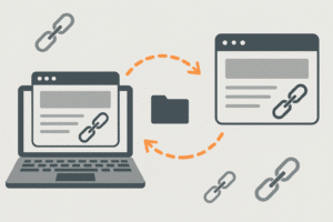 Ilustração de um laptop transferindo uma página da web para outra interface, conectadas por setas tracejadas e ícones de elos de corrente, representando a migração de site com preservação de link building.