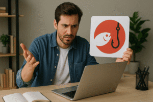 Homem jovem de expressão confusa sentado à frente de um notebook em um escritório moderno, segurando um cartaz com ícone de peixe e anzol. Ao fundo, prateleiras com livros e plantas decorativas compõem o ambiente.