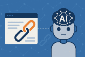 Ilustração digital em estilo flat mostrando, à esquerda, uma janela de navegador com um ícone de corrente representando backlinks, conectada por uma linha pontilhada à direita a um robô com expressão neutra e um diagrama de rede no topo da cabeça com as letras 'AI', simbolizando inteligência artificial