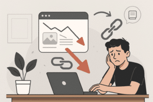 Um jovem sentado à mesa usa um notebook com expressão preocupada, enquanto observa um gráfico em queda em uma tela ao fundo. Ao redor, ícones de correntes representam backlinks, sugerindo a falta deles como causa da queda no tráfego do site.