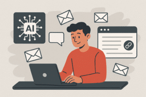 Um jovem sentado em uma mesa cinza trabalha em um laptop, cercado por ícones de envelopes, uma janela de navegador com um link e um símbolo de inteligência artificial. A cena é em estilo ilustrado flat, com cores em tons de vermelho-alaranjado, cinza e branco, transmitindo a ideia de automação de outreach com IA.