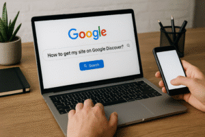 Um laptop aberto sobre uma mesa de madeira exibe a página inicial do Google com a frase digitada “How to get my site on Google Discover?” na barra de pesquisa. Uma mão está sobre o teclado do notebook, enquanto a outra segura um smartphone com a tela branca. Ao fundo, há um vaso com planta, um caderno preto fechado e um porta-lápis com canetas, compondo um ambiente de escritório iluminado.