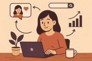 Ilustração em estilo flat de uma mulher sorridente trabalhando em um laptop roxo em uma mesa de madeira, com uma planta em vaso ao lado esquerdo e uma caneca à direita. Acima dela aparecem ícones que representam interação humana (balão de fala com coração), pesquisa (barra de busca) e crescimento (gráfico de barras com setas ascendentes).