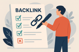 Um homem em pé, vestindo camisa vermelha e calça azul escura, segura uma caneta grande enquanto observa uma folha grande com o título “BACKLINK” no topo. O documento mostra três caixas de seleção marcadas em verde e uma com um X vermelho, além de um ícone de corrente representando um link. Ao fundo, há formas abstratas e folhas estilizadas em tons de azul e cinza, criando um cenário limpo e moderno.
