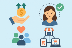 Ilustração horizontal em estilo flat mostrando os benefícios do marketing omnicanal. À esquerda, há ícones representando crescimento financeiro (mão com moeda e setas para cima) e conexão com o público (três pessoas sob um coração). À direita, há uma mulher sorridente com um ícone de aprovação verde e uma representação de loja conectada a dispositivos digitais — tablet e notebook — simbolizando integração entre canais físicos e online. Fundo em tom azul claro, sem texto.