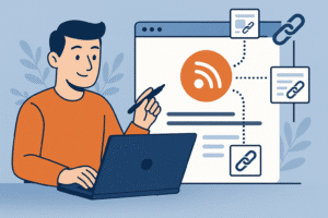 Ilustração digital mostrando um profissional de marketing sentado diante de um laptop, analisando uma grande tela que exibe o ícone de um feed RSS conectado a várias janelas menores por linhas pontilhadas, simbolizando a estrutura de um “conteúdo hub” e a geração de backlinks. O ambiente é moderno e estilizado com tons de azul e laranja, sem texto visível na imagem.