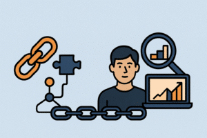 Ilustração moderna em estilo flat representando o conceito de link building em mercados de nicho. À esquerda, há correntes metálicas e uma peça de quebra-cabeça conectadas a um diagrama de rede. No centro, um homem observa à frente um notebook que exibe um gráfico de crescimento ampliado por uma lupa. O fundo azul claro transmite um ambiente tecnológico e estratégico, simbolizando conexões digitais entre diferentes setores. Não há texto na imagem.
