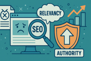 Ilustração digital em estilo flat representando conceitos de SEO e conteúdo raso. À esquerda, há uma tela de computador com uma página triste e um ícone de documento riscado. No centro, uma lupa destaca a palavra "SEO" e um balão de fala mostra "Relevancy". À direita, um escudo laranja com uma seta apontando para cima e um gráfico de barras simbolizam autoridade e crescimento. Fundo em tons de azul com elementos gráficos minimalistas.
