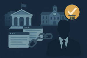 Ilustração com prédios que representam um órgão governamental e uma universidade ao fundo, duas janelas de navegador conectadas por um ícone de corrente simbolizando backlinks e a silhueta de uma pessoa de terno com um ícone de autoridade ao lado, tudo sobre um fundo azul-escuro.