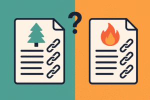 Ilustração dividida ao meio comparando dois tipos de conteúdo: à esquerda, um documento com ícone de árvore representando conteúdo evergreen; à direita, um documento com ícone de chama representando conteúdo quente. Ambos possuem ícones de links indicando geração de backlinks, com um ponto de interrogação central simbolizando a dúvida sobre qual tipo gera mais backlinks naturais