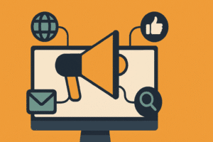 Ilustração mostrando um monitor de computador com um megafone ao centro, representando marketing digital. Ao redor do monitor, quatro ícones conectados por linhas: um globo simbolizando internet, um ícone de curtida representando redes sociais, um envelope para e-mail marketing e uma lupa simbolizando SEO. Fundo laranja em proporção horizontal