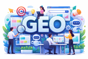 Ilustração horizontal em estilo moderno mostrando profissionais trabalhando em computadores com gráficos, painéis de dados, ícones de automação e inteligência artificial, representando otimização de sites, análise de desempenho digital e crescimento de negócios no ambiente online.