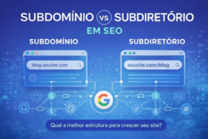 Ilustração comparativa sobre SEO mostrando subdomínio e subdiretório lado a lado, com exemplos de URLs (blog.seusite.com e seusite.com/blog), ícones de backlinks e o Google ao centro, em fundo azul tecnológico.