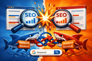 Ilustração conceitual sobre canibalização de palavras-chave em SEO, mostrando duas páginas competindo entre si nos resultados de busca, com lupas, gráficos e elementos visuais de conflito representando a disputa pelo mesmo termo-chave.