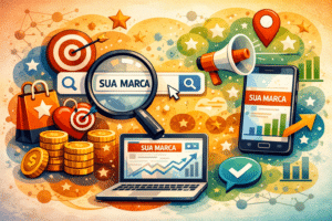 Ilustração 2D horizontal sobre marketing digital e SEO, com uma lupa destacando uma barra de busca representando marca, ao redor de ícones como alvo com flecha, sacola de compras, moedas empilhadas, megafone, smartphone e laptop exibindo gráficos de crescimento, além de setas ascendentes e símbolos de avaliação, transmitindo a ideia de fortalecimento de marca e aumento de resultados online.