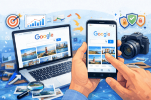 Ilustração em estilo infográfico mostrando um notebook e um smartphone exibindo resultados de pesquisa por imagens, com fotos em miniatura na tela. Ao redor, há elementos visuais como lupa sobre fotografias impressas, câmera profissional, gráfico de crescimento, alvo com seta no centro e escudos de proteção, representando tráfego, otimização e autoridade online. A composição é horizontal, colorida e com visual moderno e digital.
