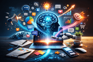 Ilustração futurista em tons escuros mostrando um laptop sobre uma mesa, com a silhueta de um rosto humano e um cérebro digital iluminado ao centro, representando inteligência artificial. Ao redor, ícones de marketing como gráficos de crescimento, alvo com flecha, megafone, e-mails, mensagens, carrinho de compras e símbolos de redes sociais conectados por fluxos de dados brilhantes. Há também um braço robótico interagindo com o computador, além de caderno, celular, xícara de café e elementos de análise espalhados sobre a mesa, simbolizando a integração entre LLMs, tecnologia e marketing digital.