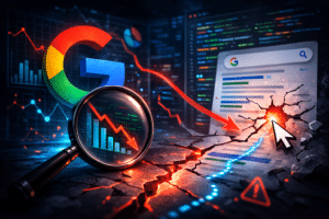 Ilustração digital horizontal com o logotipo do Google ao fundo, uma lupa destacando um gráfico de barras em queda com seta vermelha apontando para baixo e uma página de resultados rachada no primeiro plano, simbolizando queda de desempenho e impacto negativo no SEO após o clique.