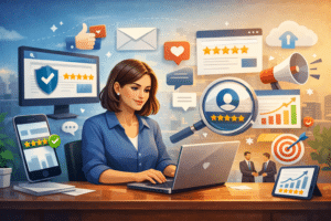 Ilustração horizontal de uma profissional trabalhando no notebook em um escritório moderno, cercada por elementos digitais que representam reputação online, como avaliações de cinco estrelas, ícones de curtidas, mensagens, gráficos de crescimento, escudo de proteção e lupa analisando feedbacks. Ao fundo, há referências a comunicação digital, marketing e relacionamento com clientes, transmitindo a ideia de gestão e fortalecimento da imagem de uma empresa na internet.