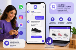 Ilustração conceitual sobre comércio conversacional mostrando uma pessoa interagindo pelo celular com chats, redes sociais e elementos de e-commerce, representando vendas online por conversas, atendimento personalizado e integração entre mensagens e compras digitais.