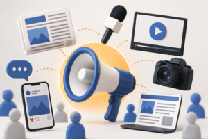 Ilustração conceitual representando mídia espontânea e relações públicas, com megafone em destaque cercado por ícones de jornal, redes sociais, vídeo, câmera, microfone e dispositivos digitais, simbolizando divulgação orgânica, cobertura da mídia e alcance de marca.