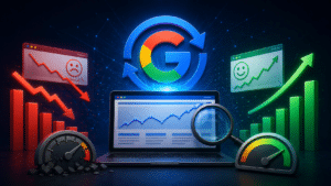Ilustração digital em estilo futurista mostrando o impacto de uma atualização do Google na performance de sites, com gráficos de queda e crescimento, laptop com métricas de SEO, lupa de análise e medidores de desempenho em um cenário tecnológico.