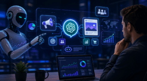 Interface futurista de marketing digital com inteligência artificial: um profissional observa dados em um laptop enquanto um robô interage com um painel holográfico exibindo gráficos, anúncios, público-alvo e métricas de desempenho em um ambiente tecnológico iluminado em tons de azul.