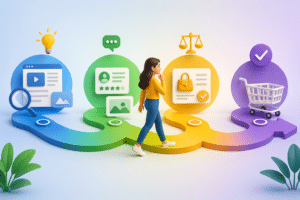 Ilustração em estilo 3D representando a jornada de compra do cliente, com uma personagem caminhando por diferentes etapas do funil de marketing, simbolizadas por elementos visuais como descoberta, consideração, decisão e compra, em um cenário moderno com fundo em degradê colorido.