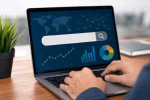 Pessoa utilizando um notebook com gráficos de desempenho, pesquisa online e análise de dados para estratégias de SEO e posicionamento no Google.